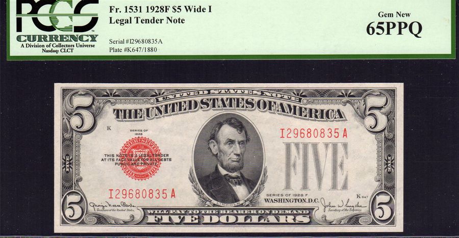 Fr.1531, 1928F $5 (Wide 1) Legal tender Note, Gem CU, PCGS-65 PPQ